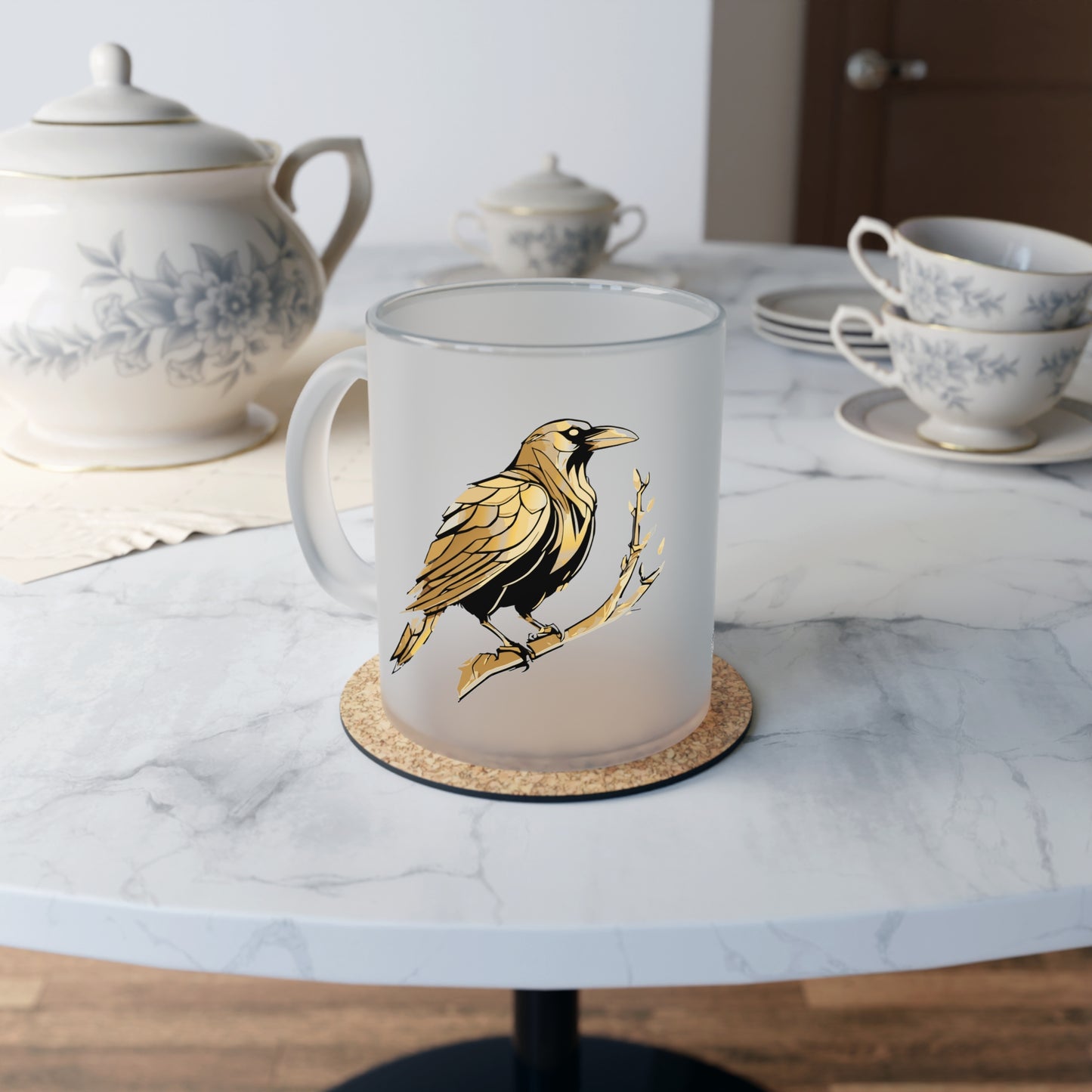 Frosted Glass Mug - Gold Raven (11oz)