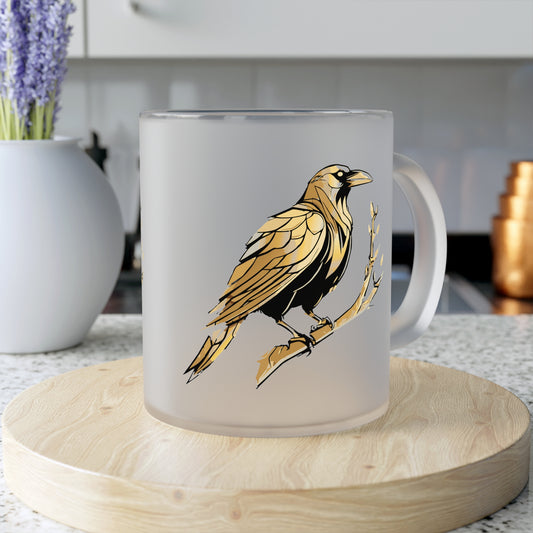 Frosted Glass Mug - Gold Raven (11oz)